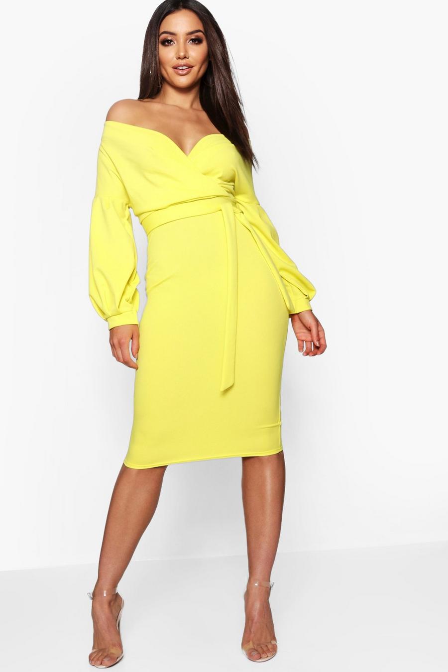 Chartreuse Off the Shoulder Wrap Midi Dress image number 1