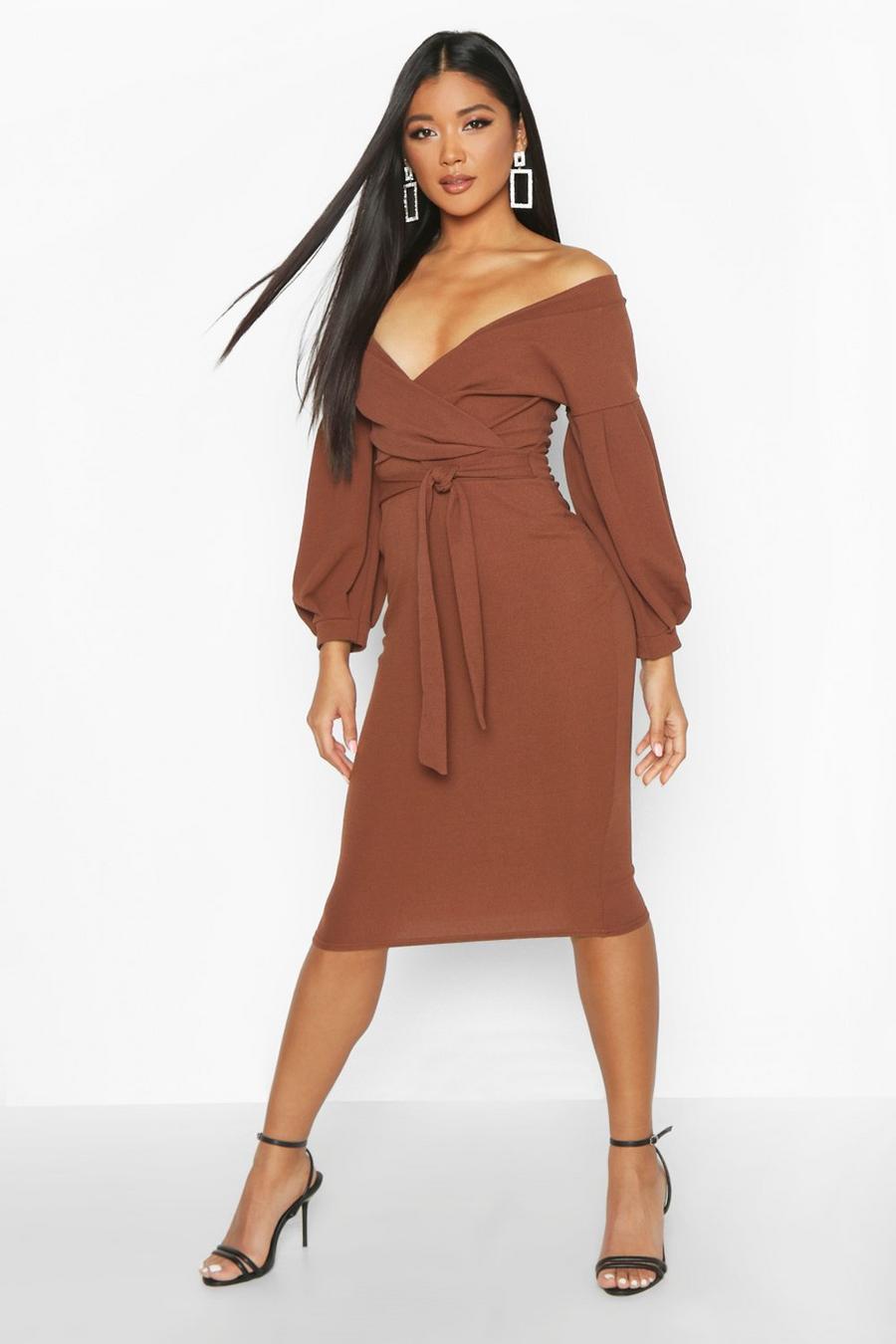 Chocolate Off the Shoulder Wrap Midi Dress image number 1