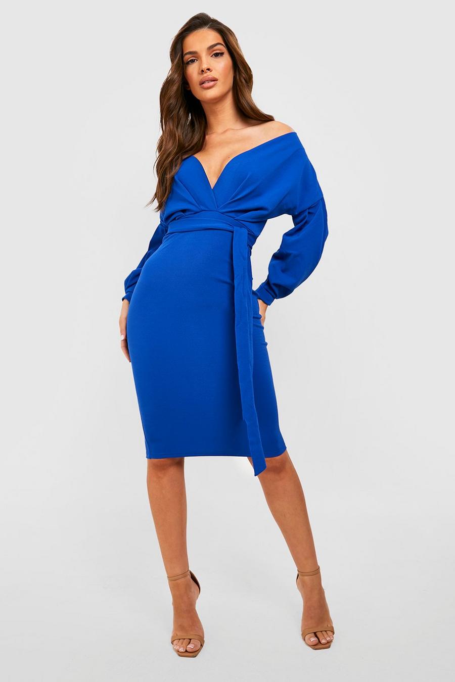 Cobalt bleu Off the Shoulder Wrap Midi Dress image number 1