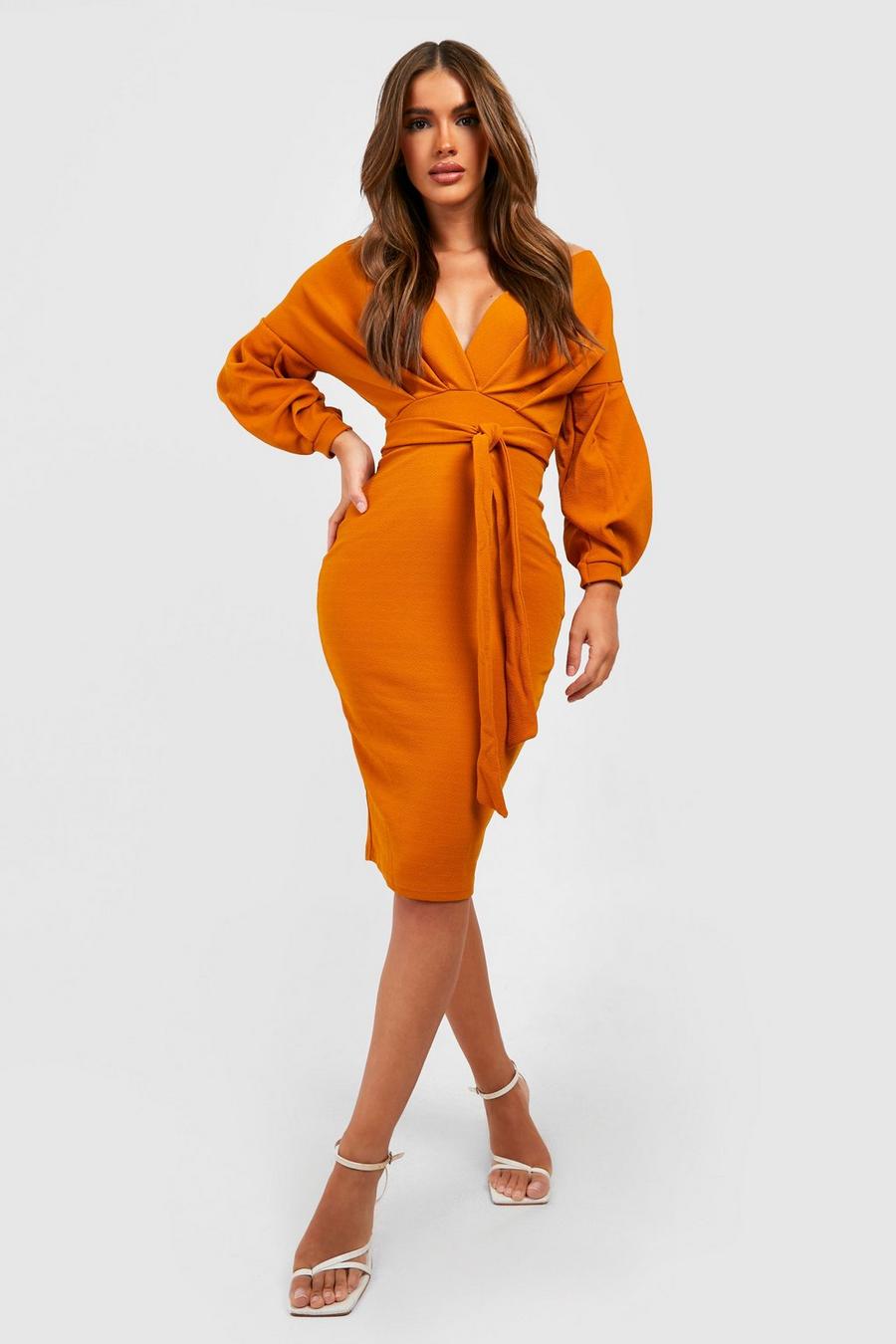 Desert sand orange Knälång off shoulder-klänning med omlott image number 1