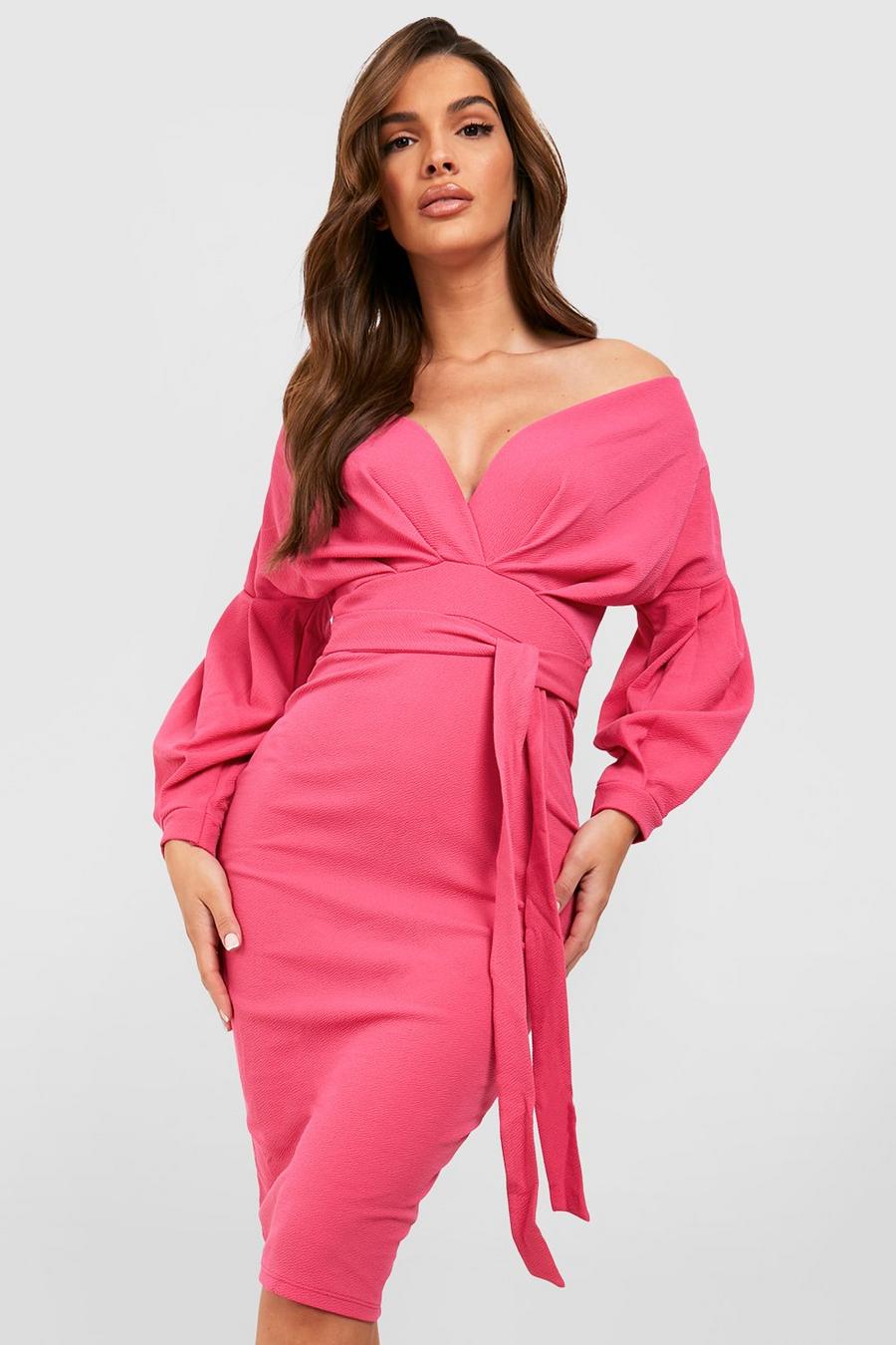 Hot pink Knälång off shoulder-klänning med omlott image number 1