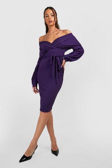 Purple Off the Shoulder Wrap Midi Dress