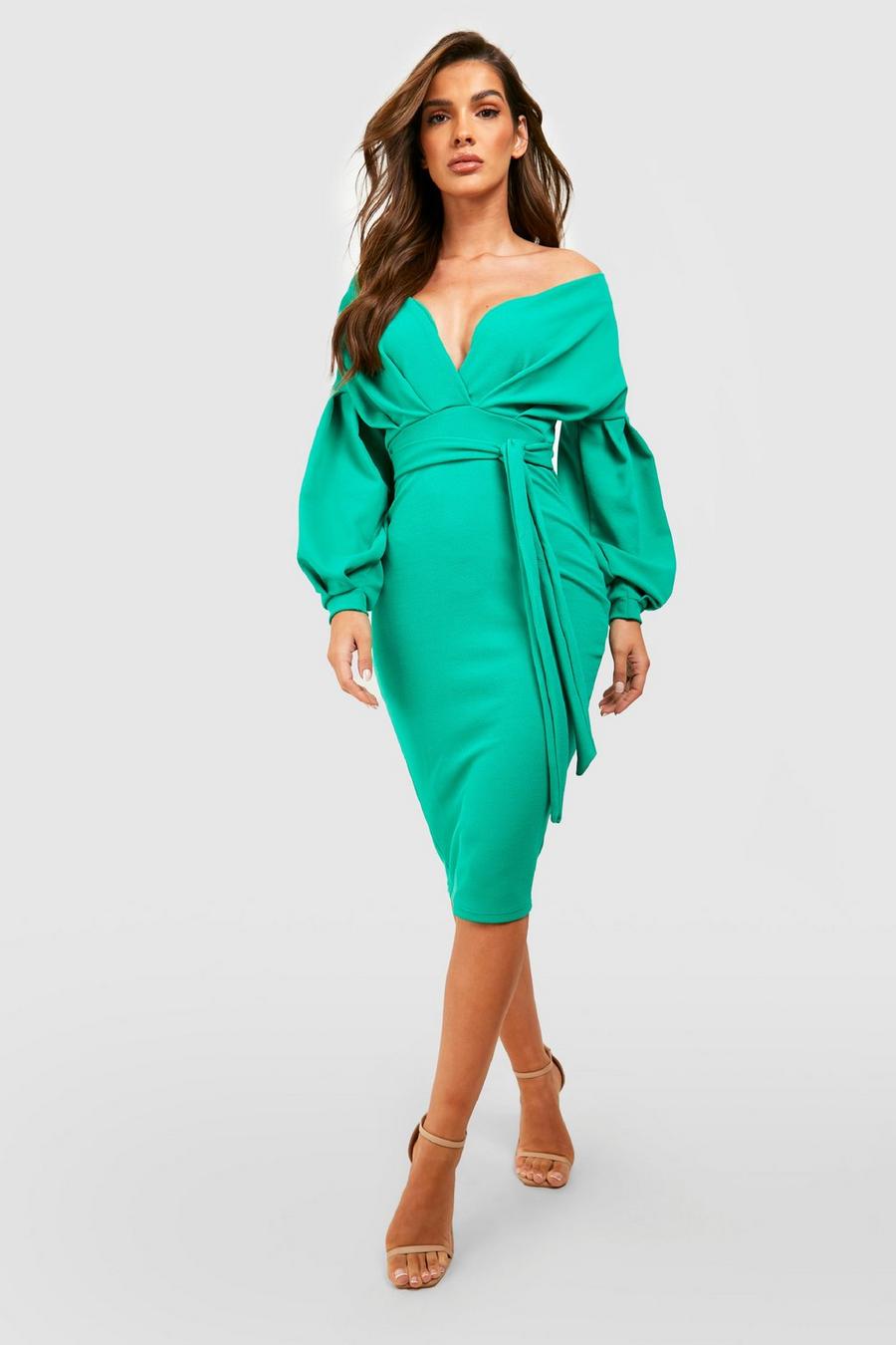 Leaf green Off The Shoulder Wrap Midi Dress