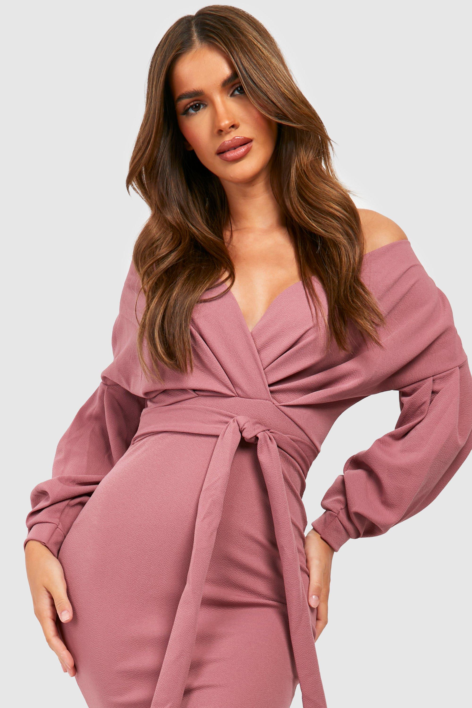 Off the shoulder wrap midi 2024 dress boohoo