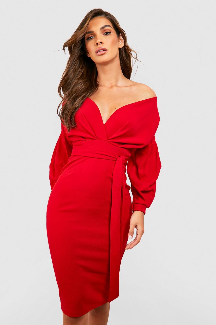 Red Off The Shoulder Wrap Midi Dress