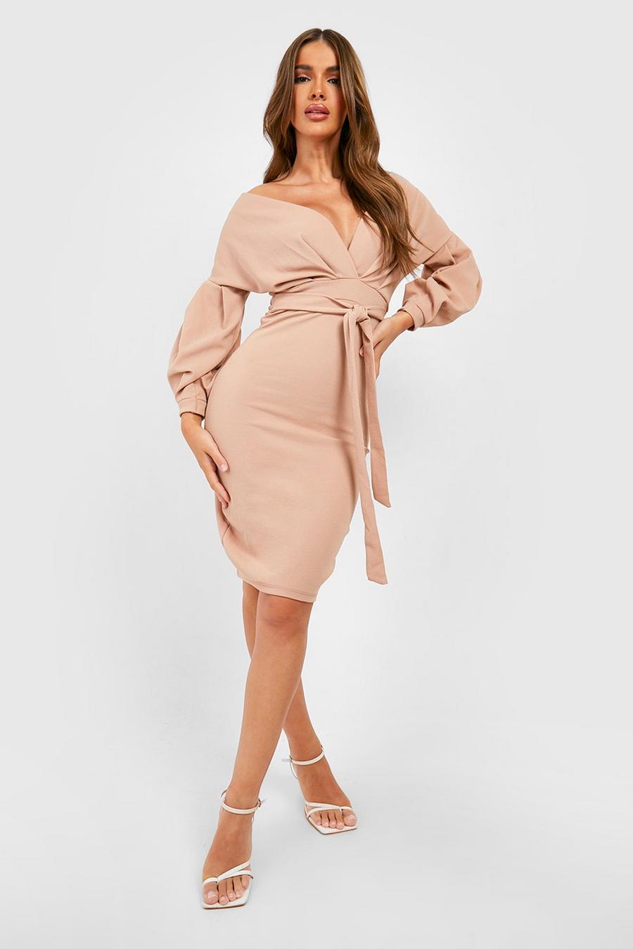 Stone beis Off the Shoulder Wrap Midi Dress image number 1