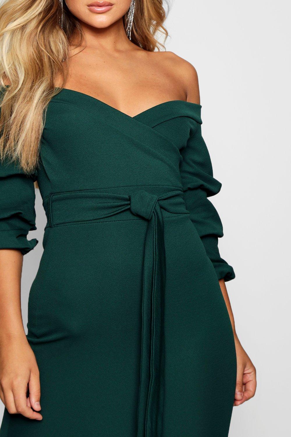 green off the shoulder midi dress