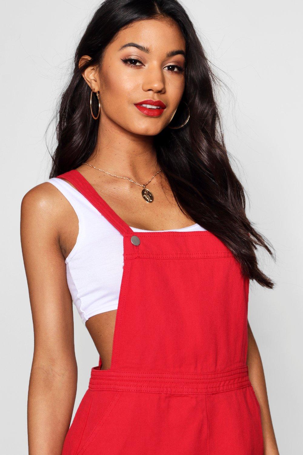 Red denim hot sale pinafore dress