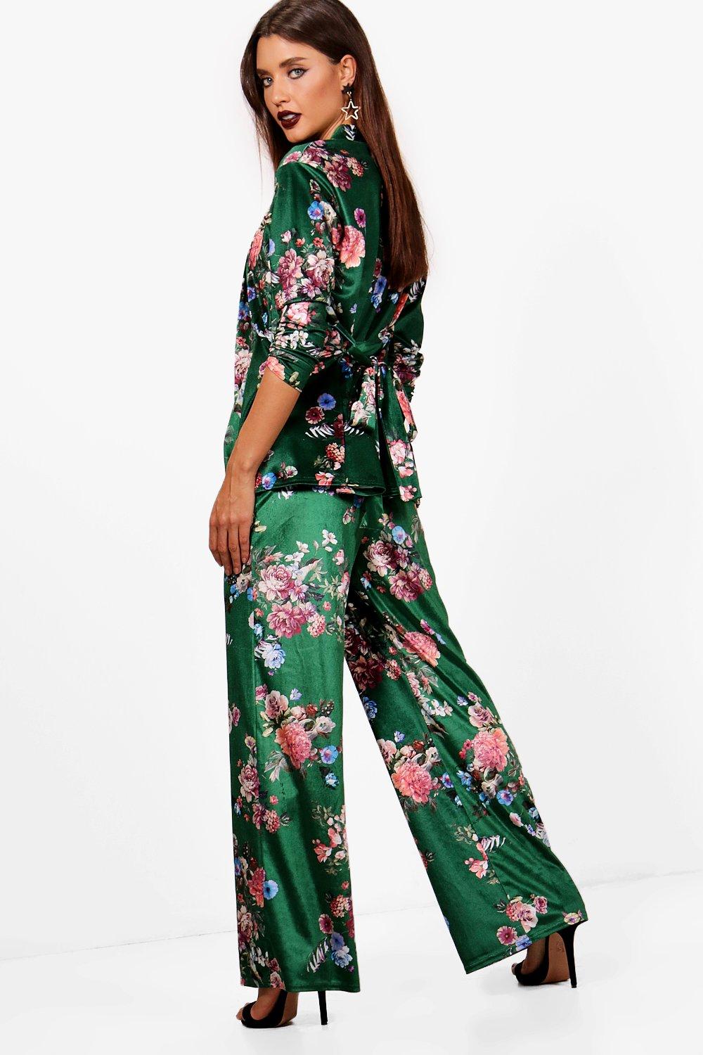 Eva Floral Printed Velvet Wide Leg Pants