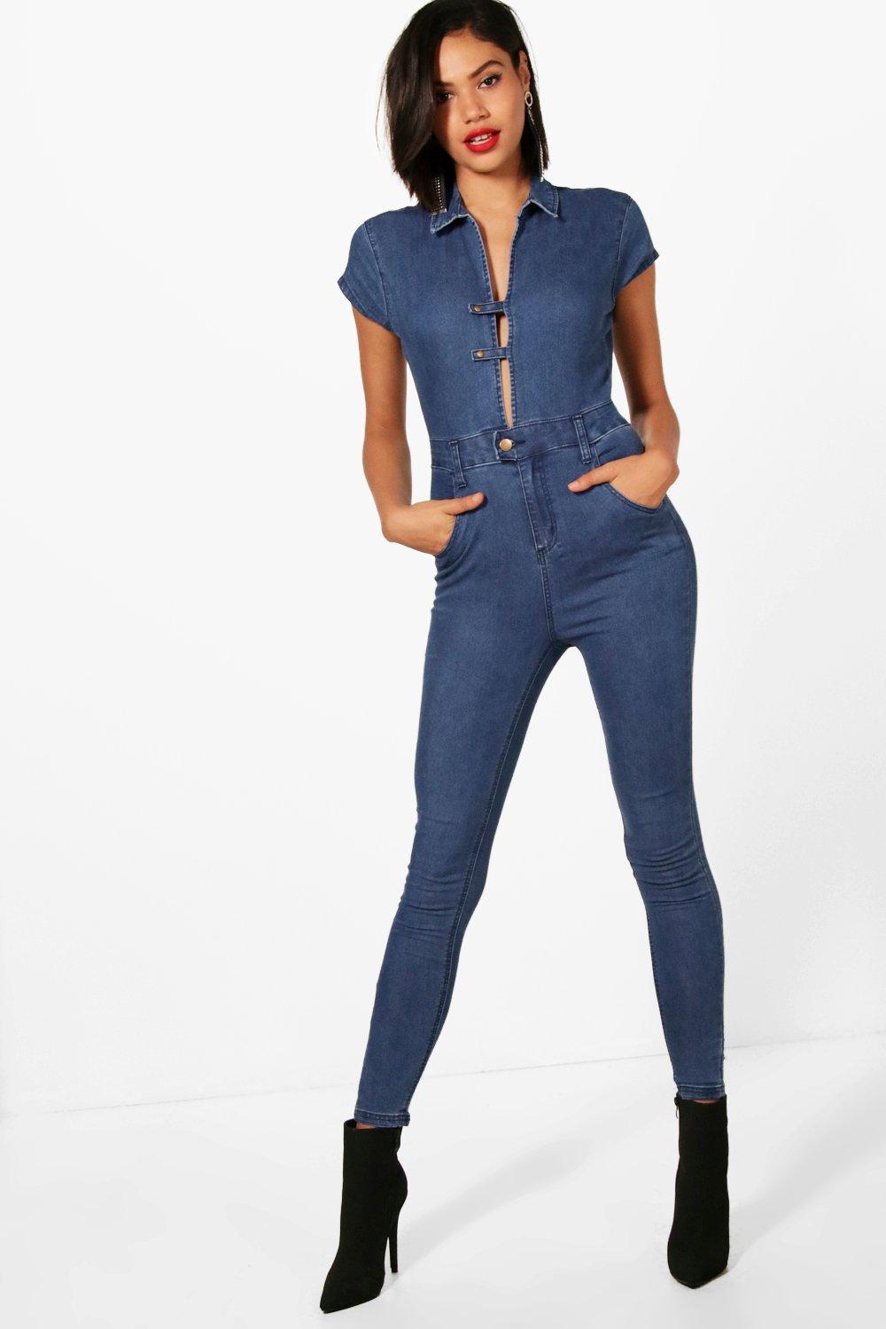 plunging denim jumpsuit