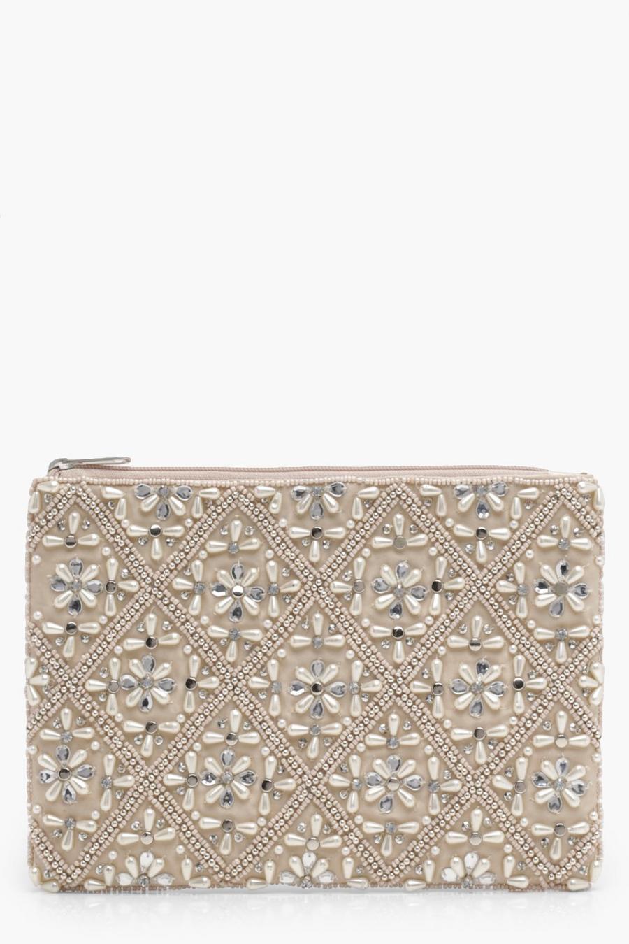 Cream white Ivy Faux Pearl And Diamante Embellished Clutch Bag image number 1