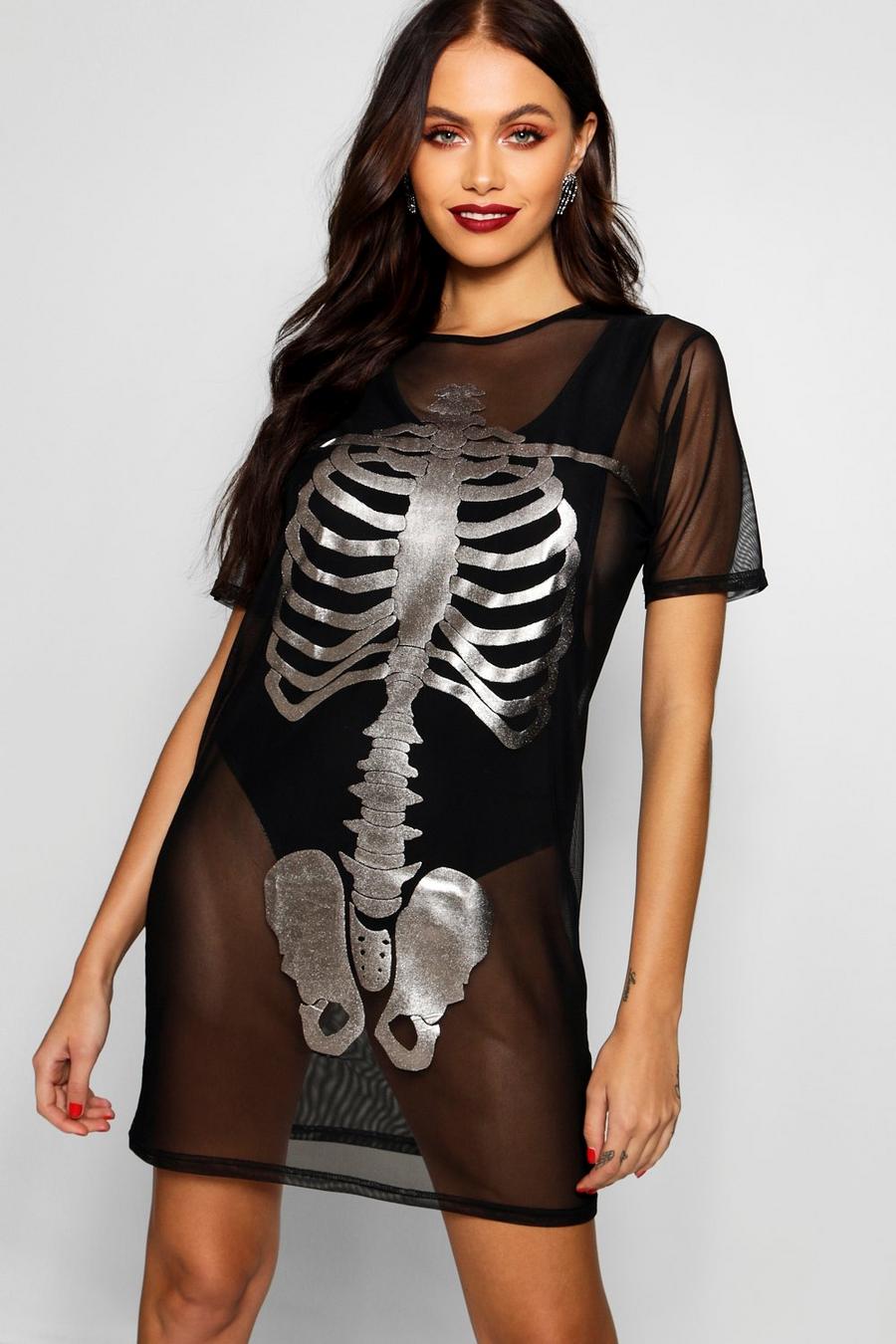 Vestido con estampado de esqueleto de malla Cara Halloween image number 1