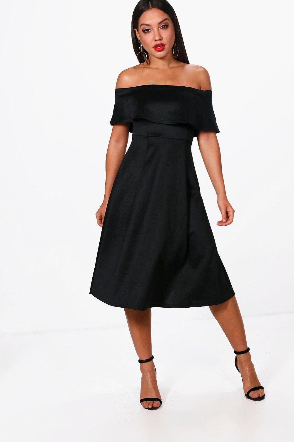 off the shoulder midi skater dress