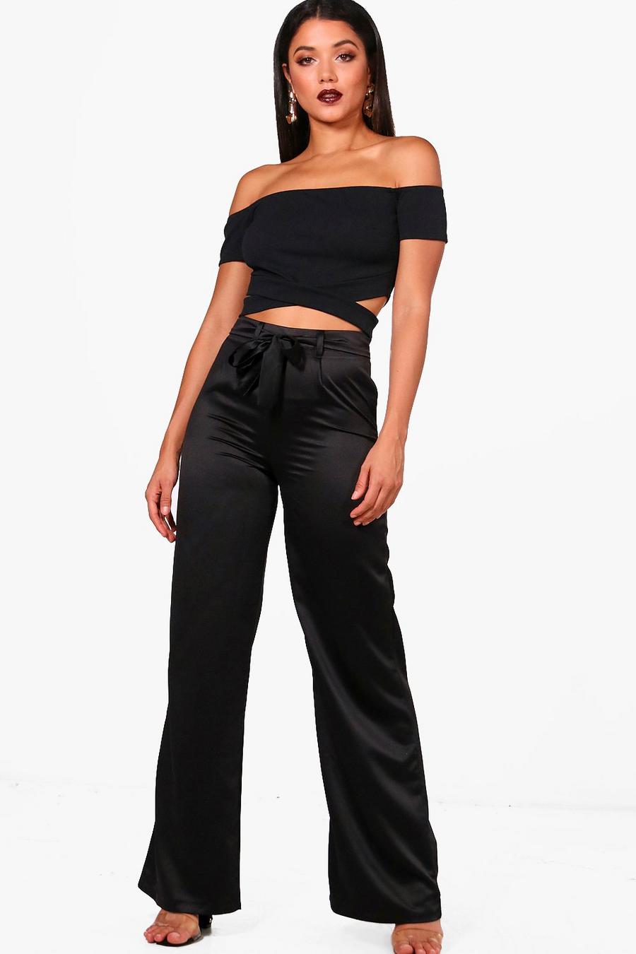 Tie Waist Wide Leg Satin Trousers image number 1