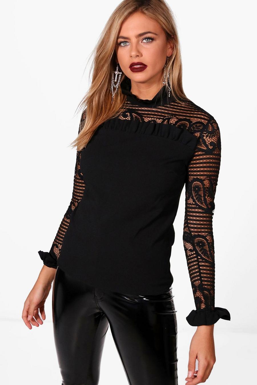 Black Lace Ruffle High Neck Blouse image number 1