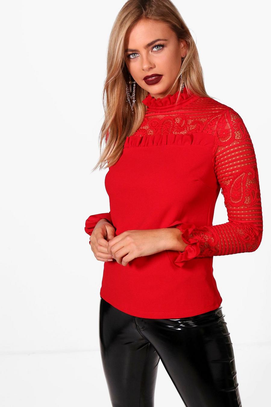 Red Lace Ruffle High Neck Blouse image number 1