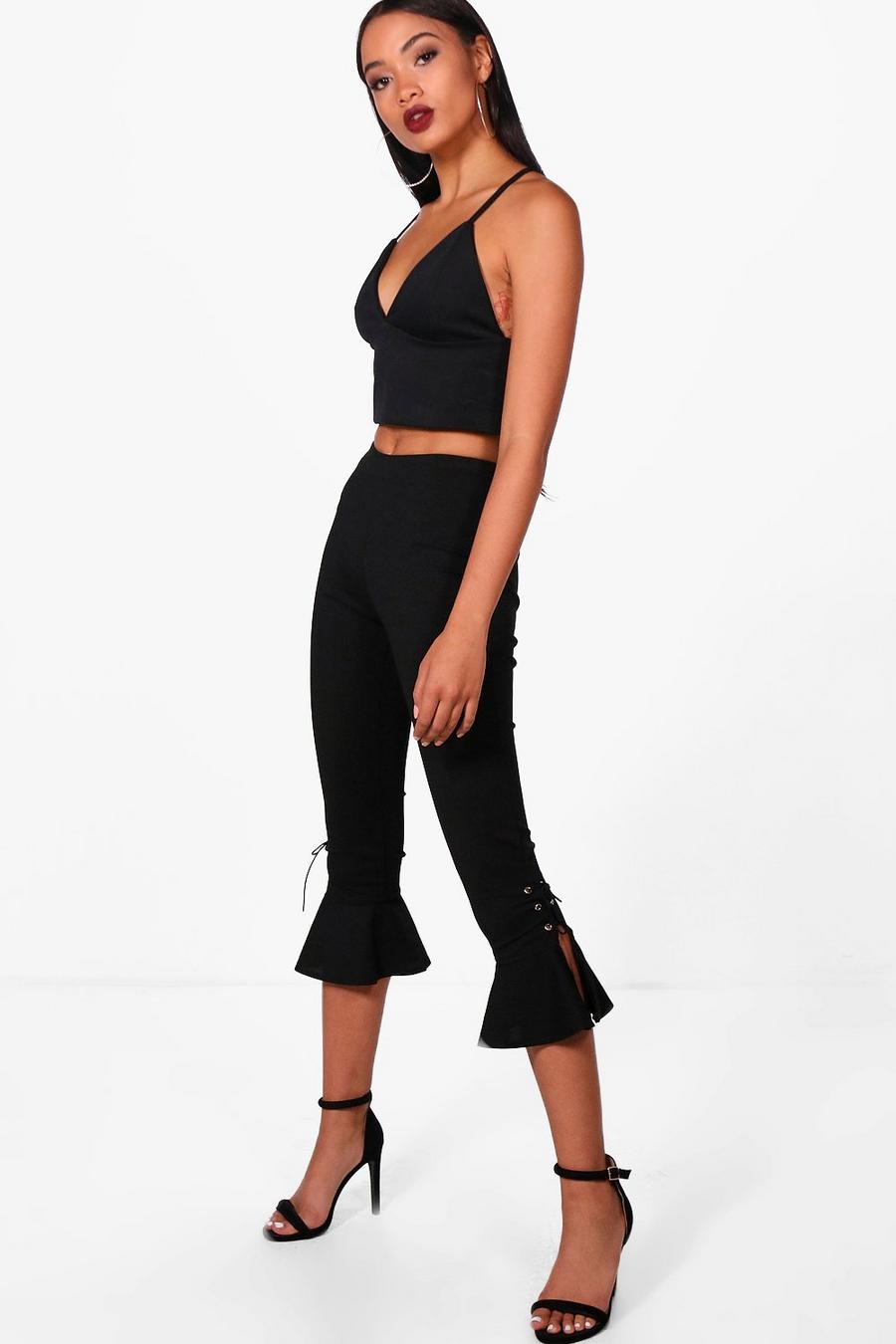 Lace Up & Frill Hem Trousers, Black image number 1