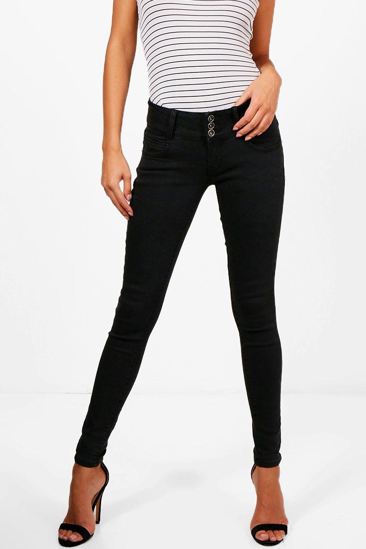 3 Button High Rise Skinny Jeans | boohoo