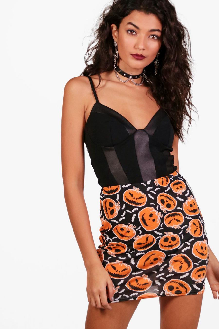 Orange Halloween Pumpkin Print Mini Skirt image number 1
