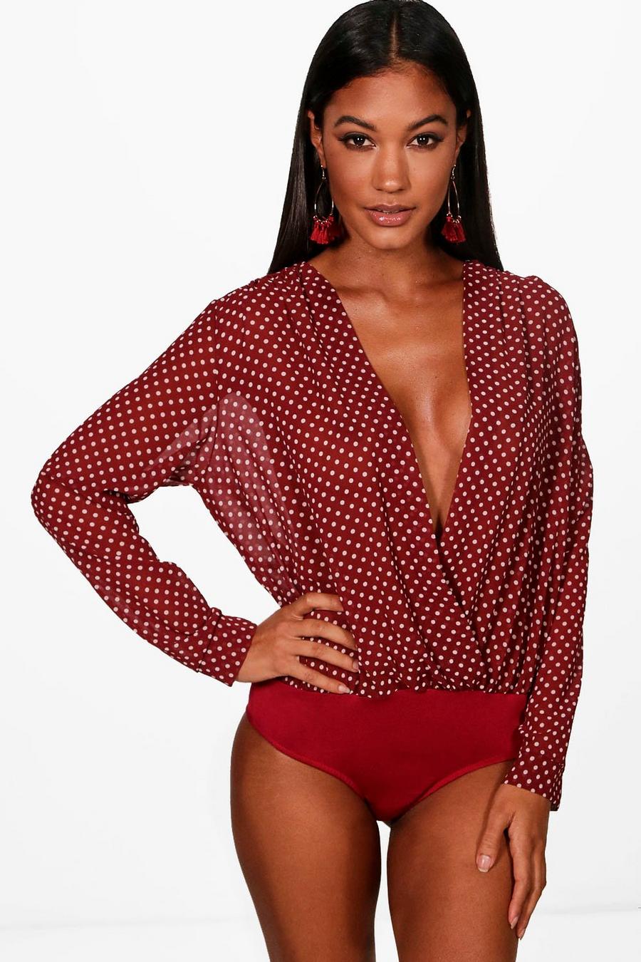 Red Spot Print Plunge Woven Bodysuit image number 1