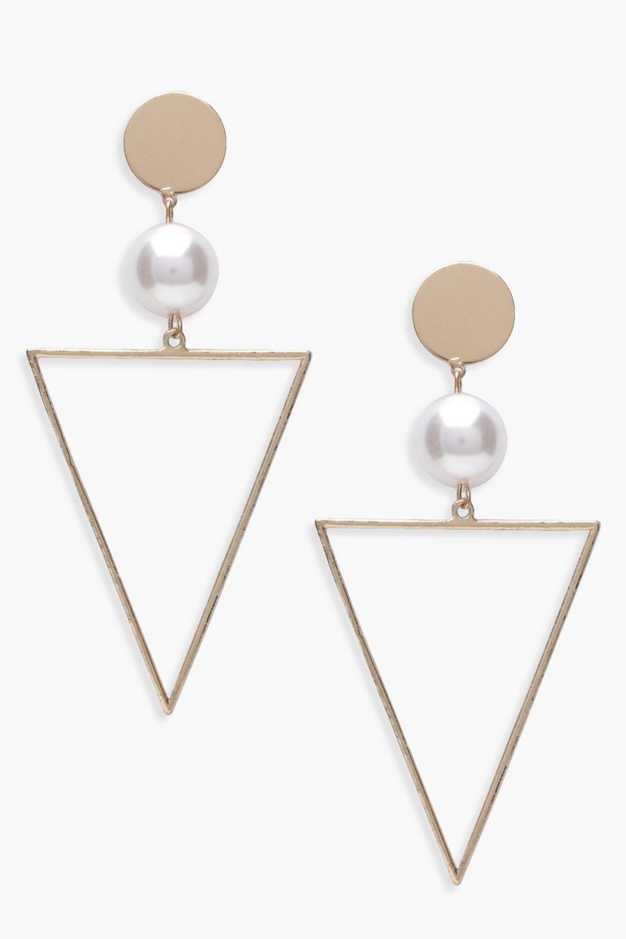 Dreieckige Ohrringe mit Perlen, Gold metallic