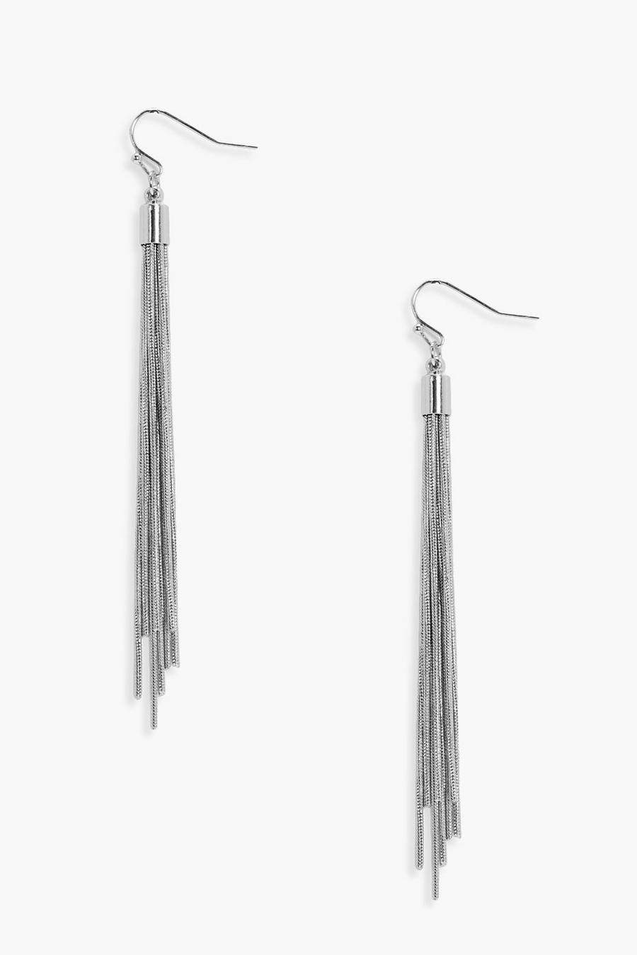 Silver Long Chain Tassel Earrings image number 1