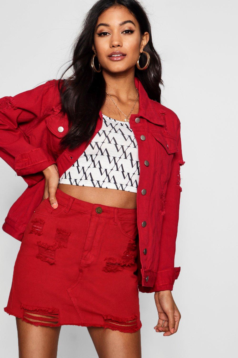 red denim skirt and jacket