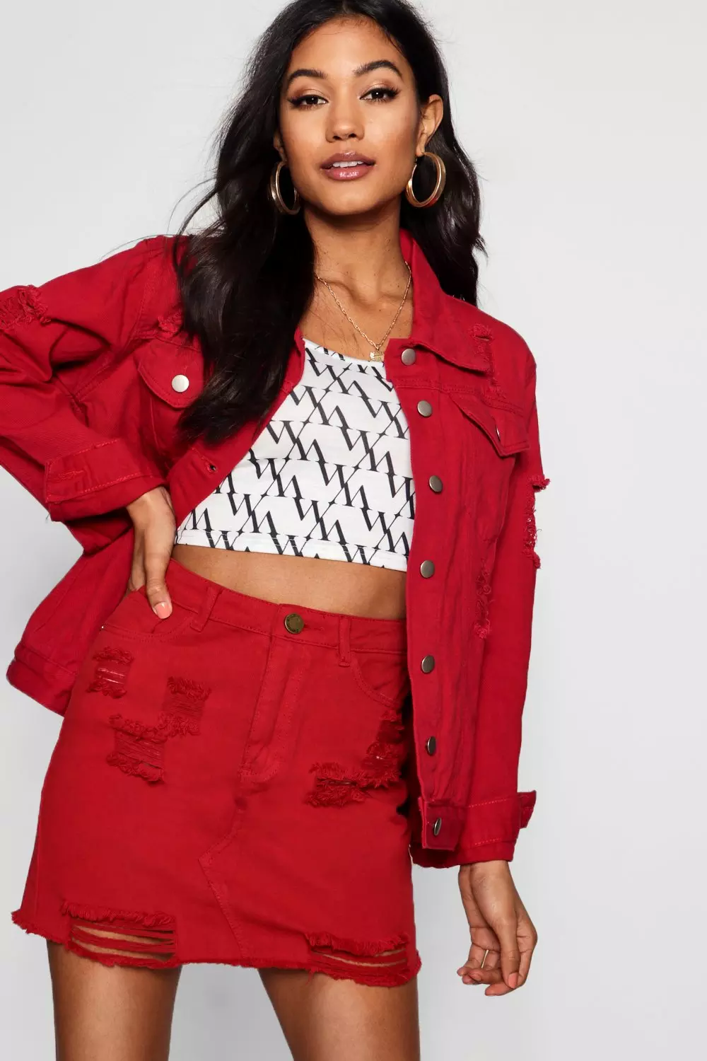 Red jean skirt sales and jacket