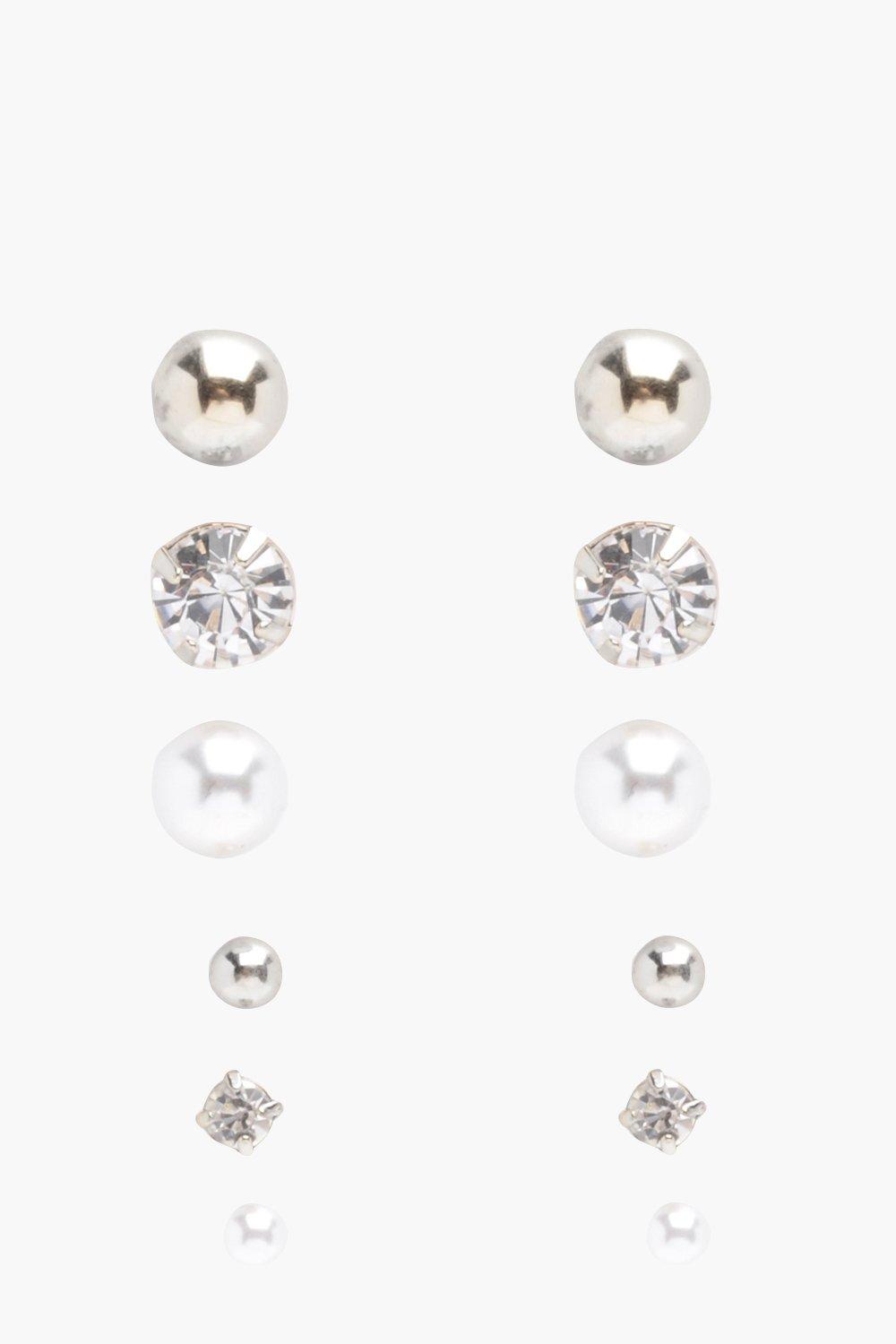 Confezione con 6 orecchini a bottone con strass e perle