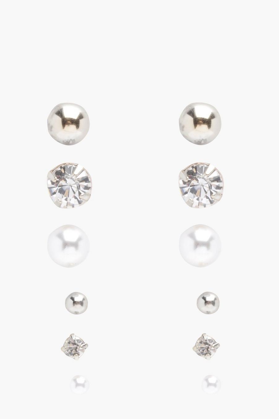 Silver Diamante And Pearl Stud 6 Pack