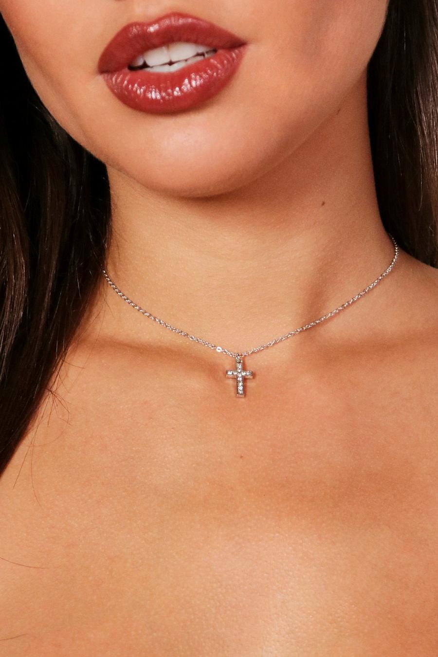 Silver silber Diamante Cross Chain Choker image number 1