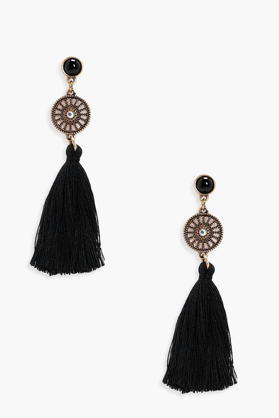 Black Diamante Circle Tassel Earrings