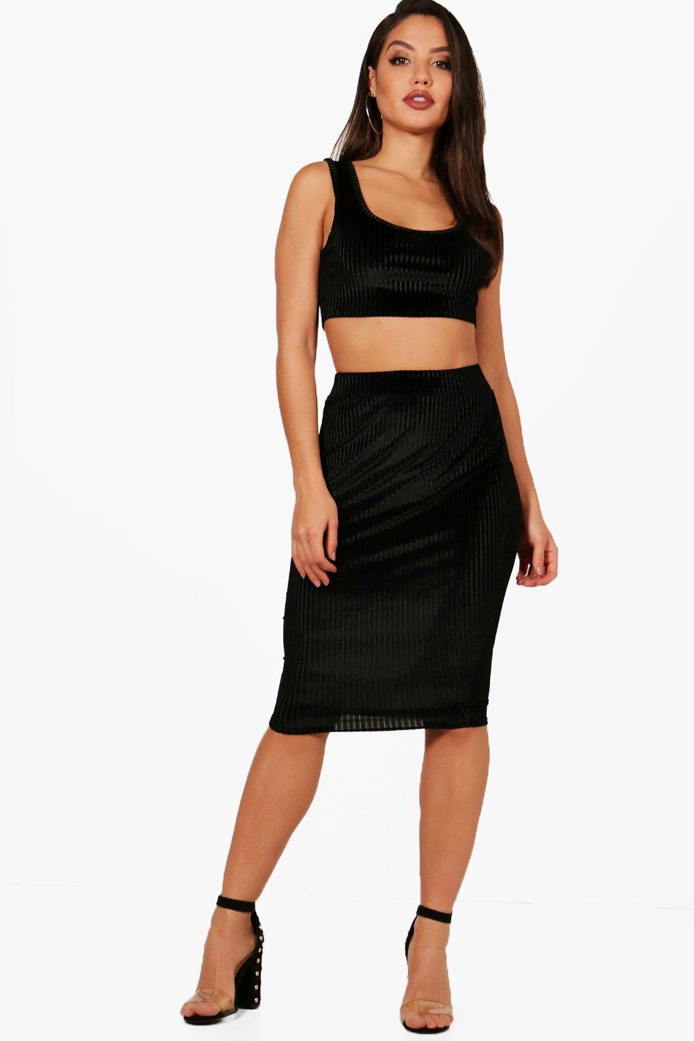 black crop top and midi skirt set