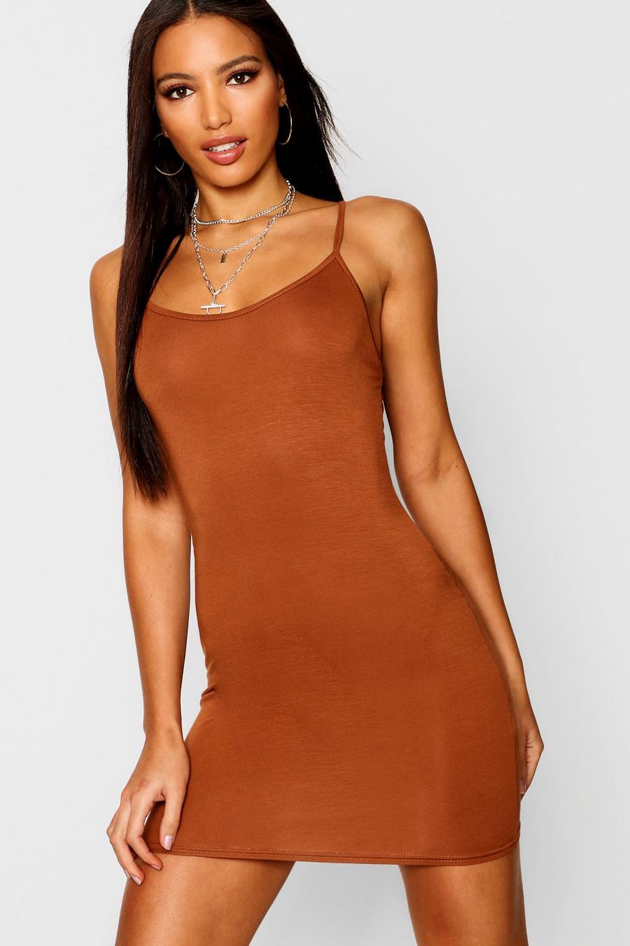 Tan Basic Strappy Cami Bodycon Dress image number 1