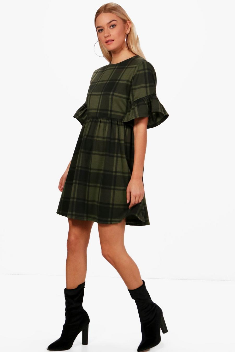 Green Plaid Frill Sleeve Smock Dress image number 1