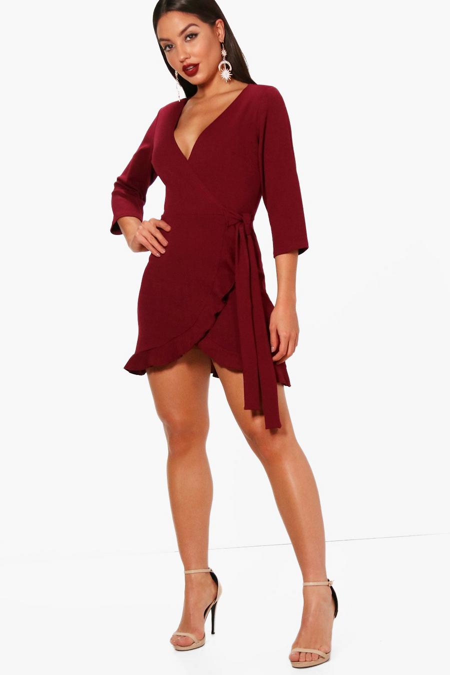 Berry red Formal Tie Wrap Frill Detail Skater Dress