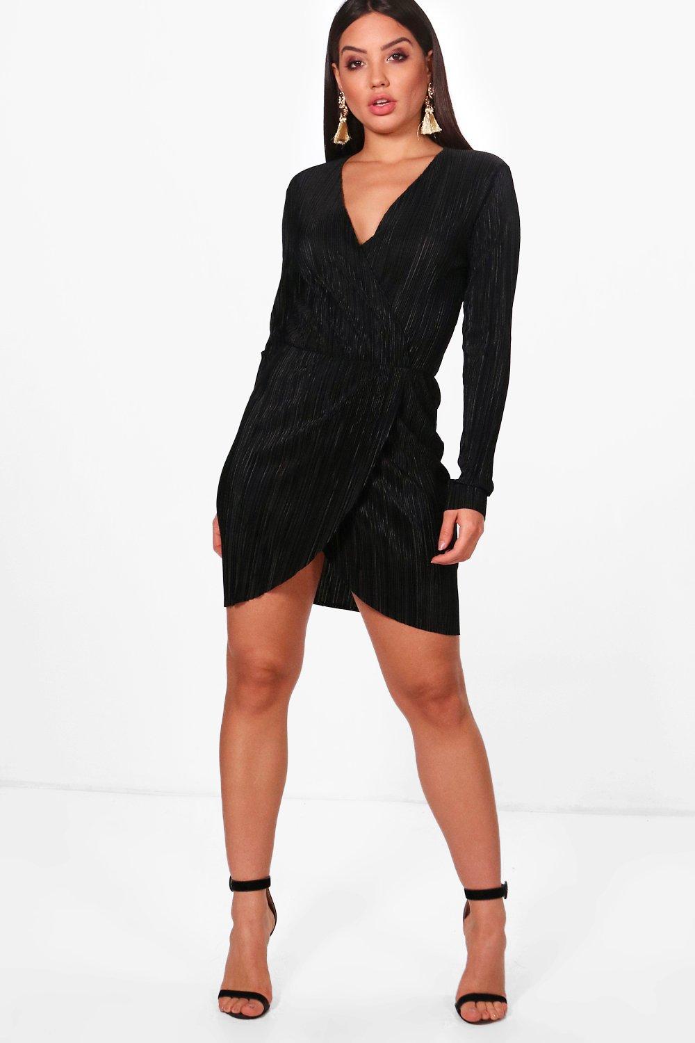 Pleated Long Sleeve Wrap Dress | boohoo