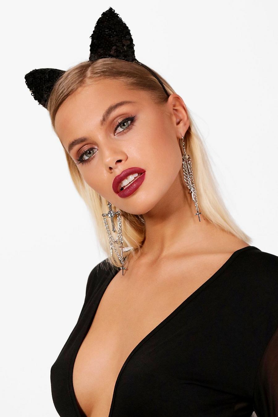 Han Sequin Cat Ears Headband, Black image number 1