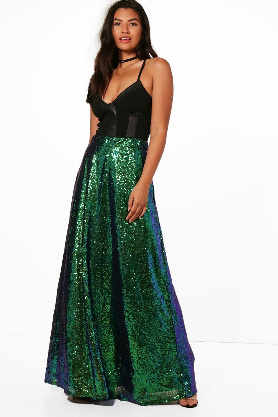 Premium Fran Floor Sweeping Sequin Maxi Skirt, Emerald image number 1