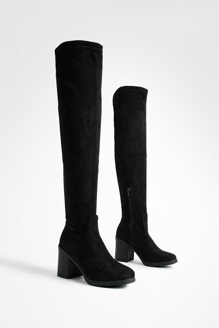 Black svart Chunky Over The Knee High Boots image number 1