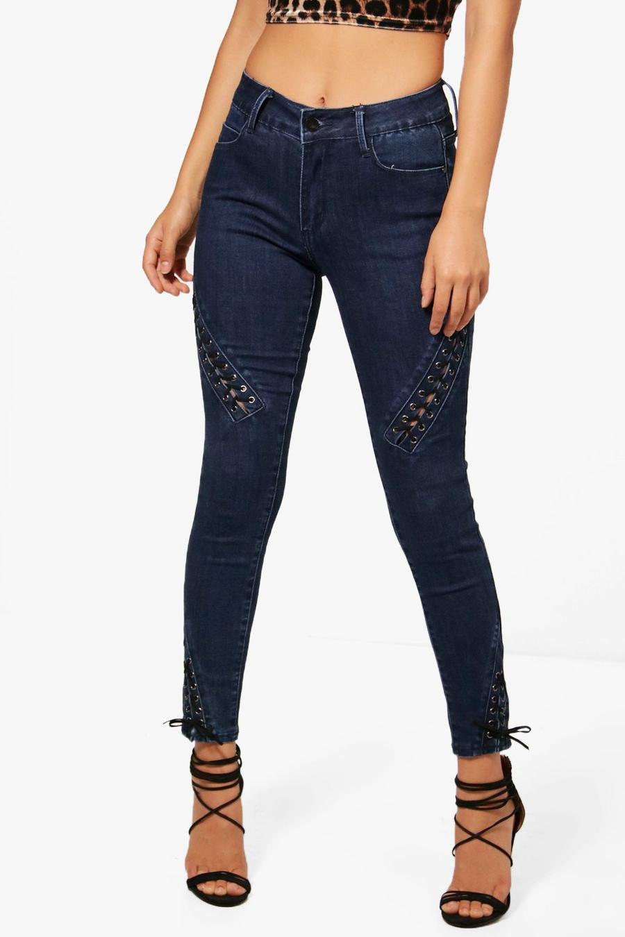 Dark blue Lace Up Detail Skinny Jeans image number 1