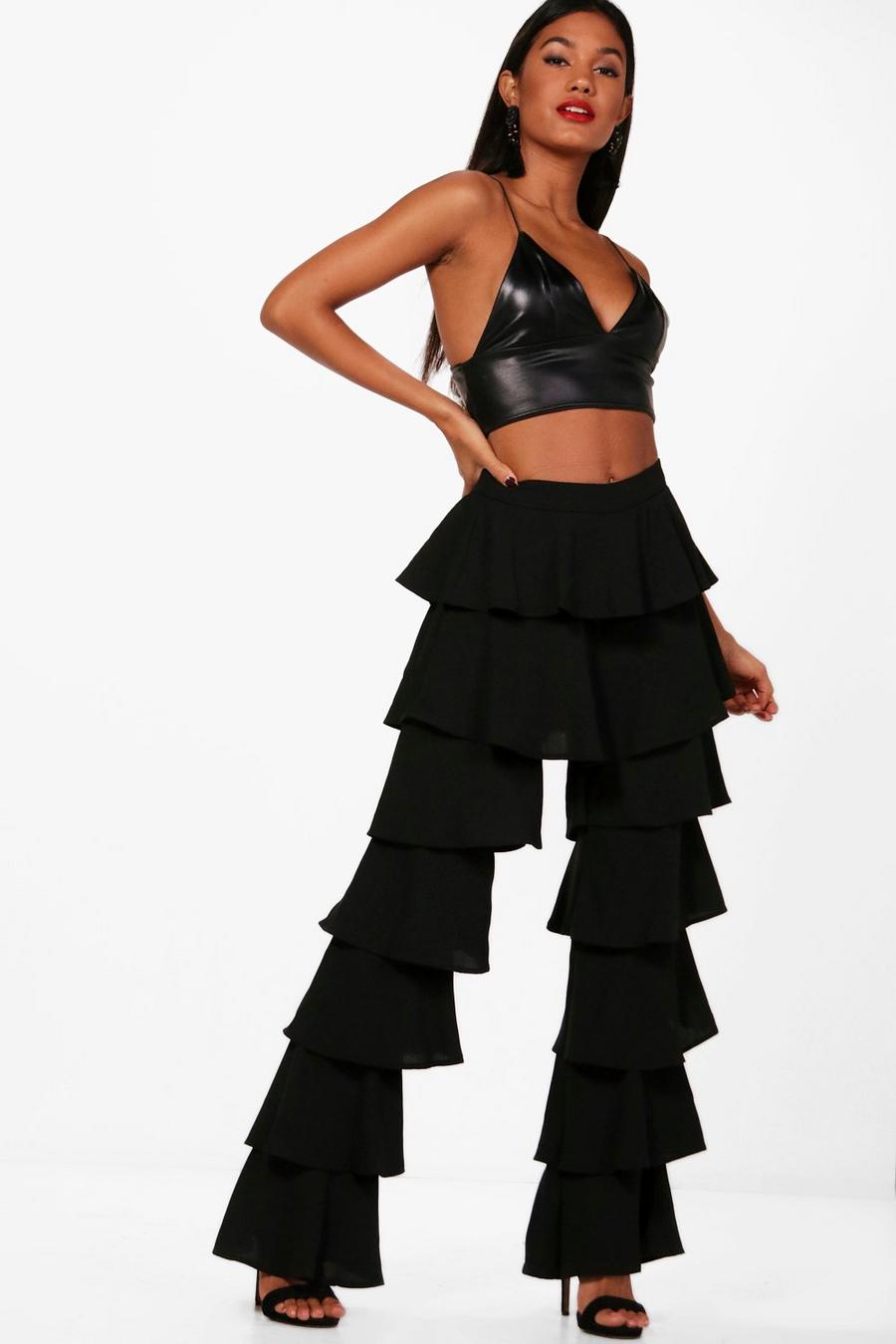 Ruffle Layered Woven Trousers, Black image number 1