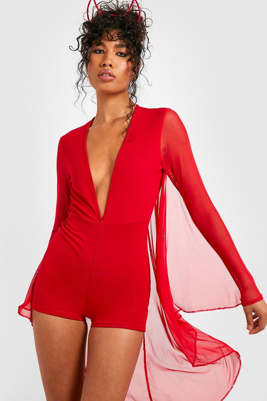 Red Halloween Mesh Cape Plunge Playsuit image number 1