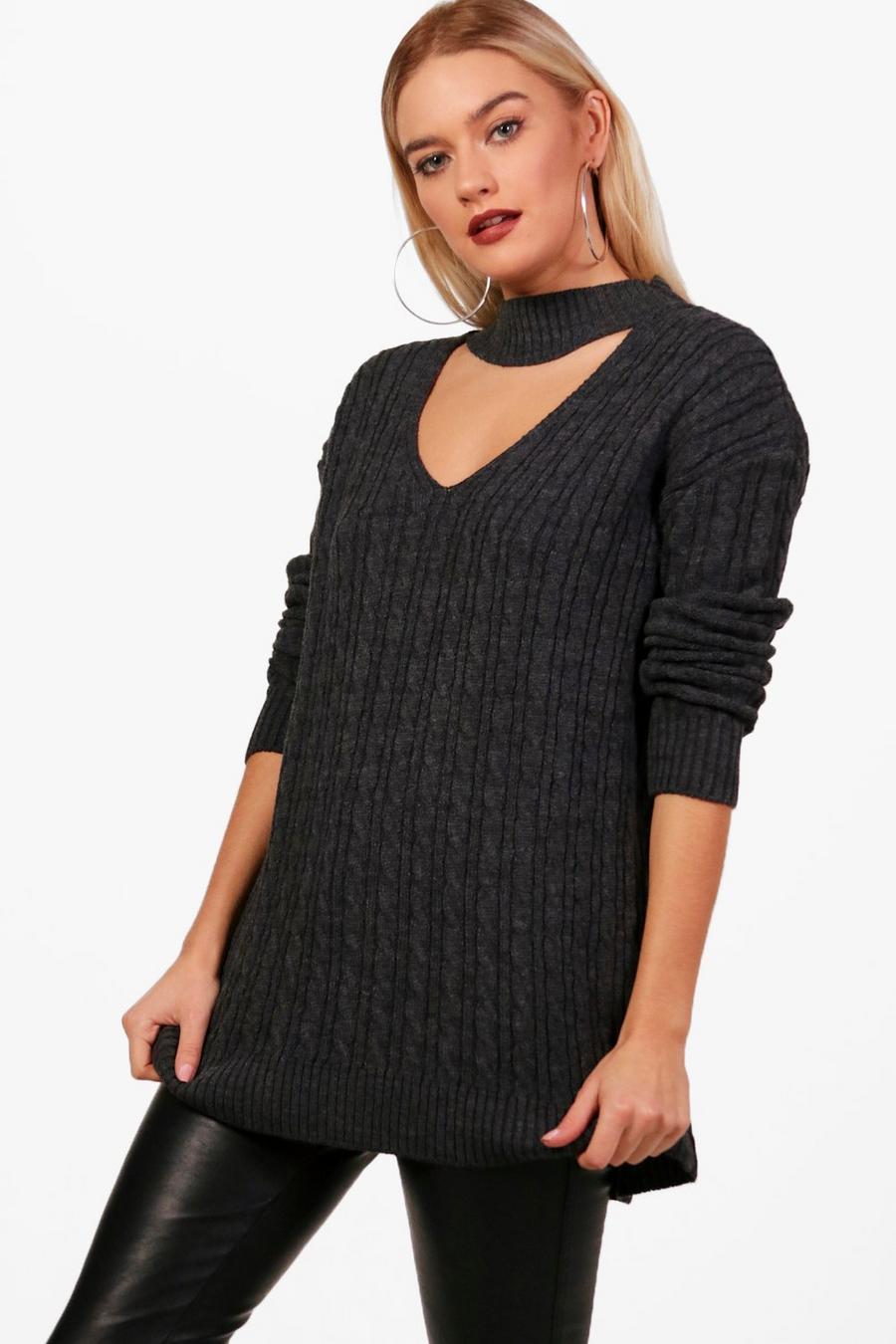 Charcoal grey Cable Knit Choker Sweater image number 1