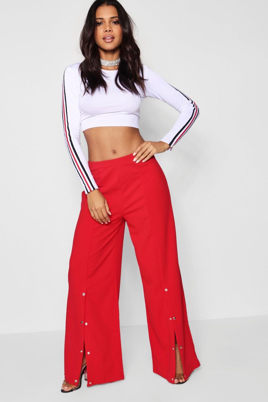Fire red Popper Front Crepe Wide Leg Pants image number 1