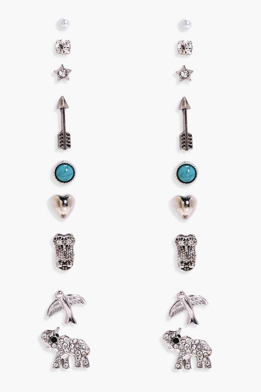Silver Elephant And Arrow Mixed Earring Stud 9pk image number 1