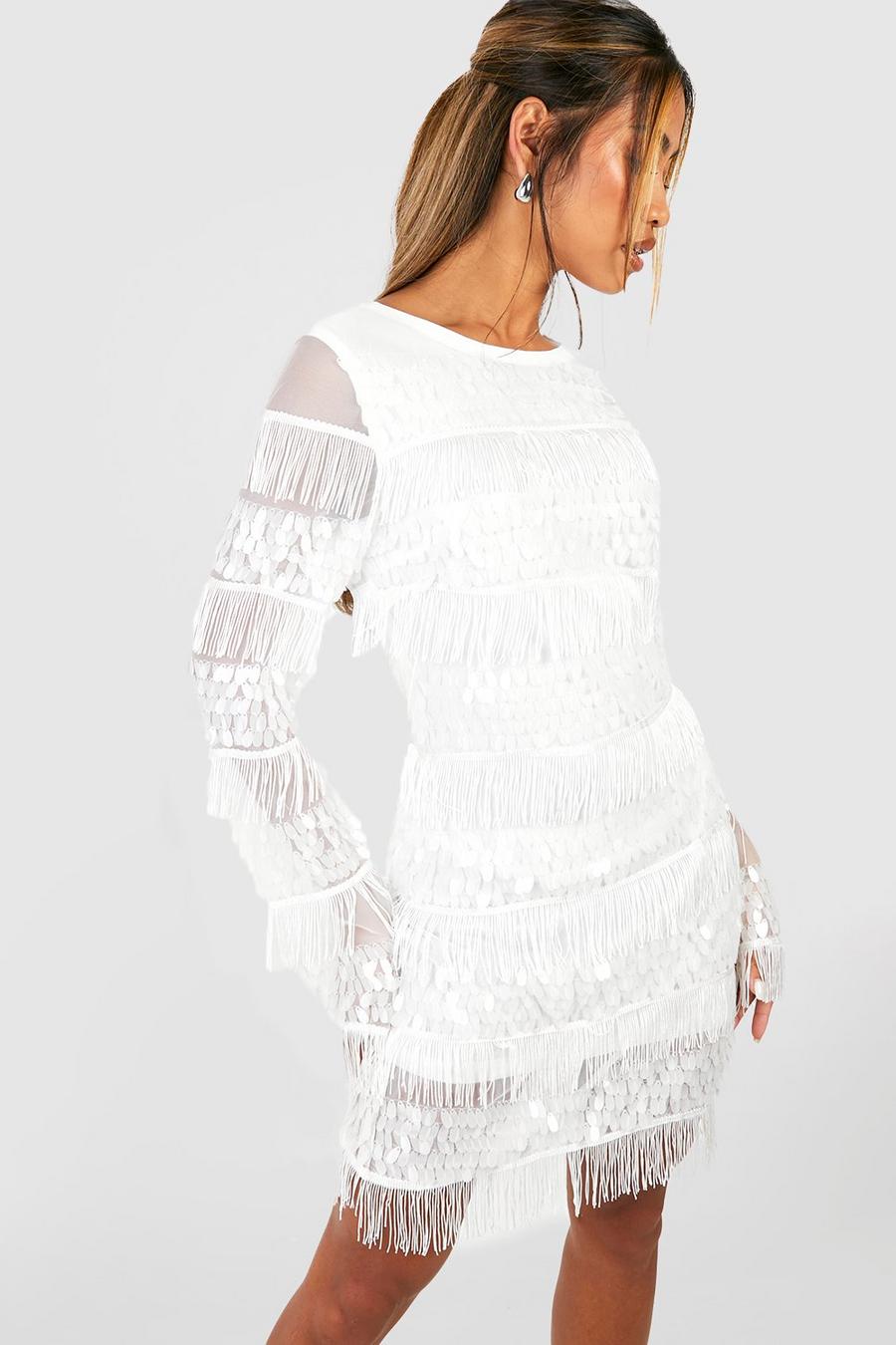 Langärmliges Pailletten Bodycon-Kleid mit Fransen, White