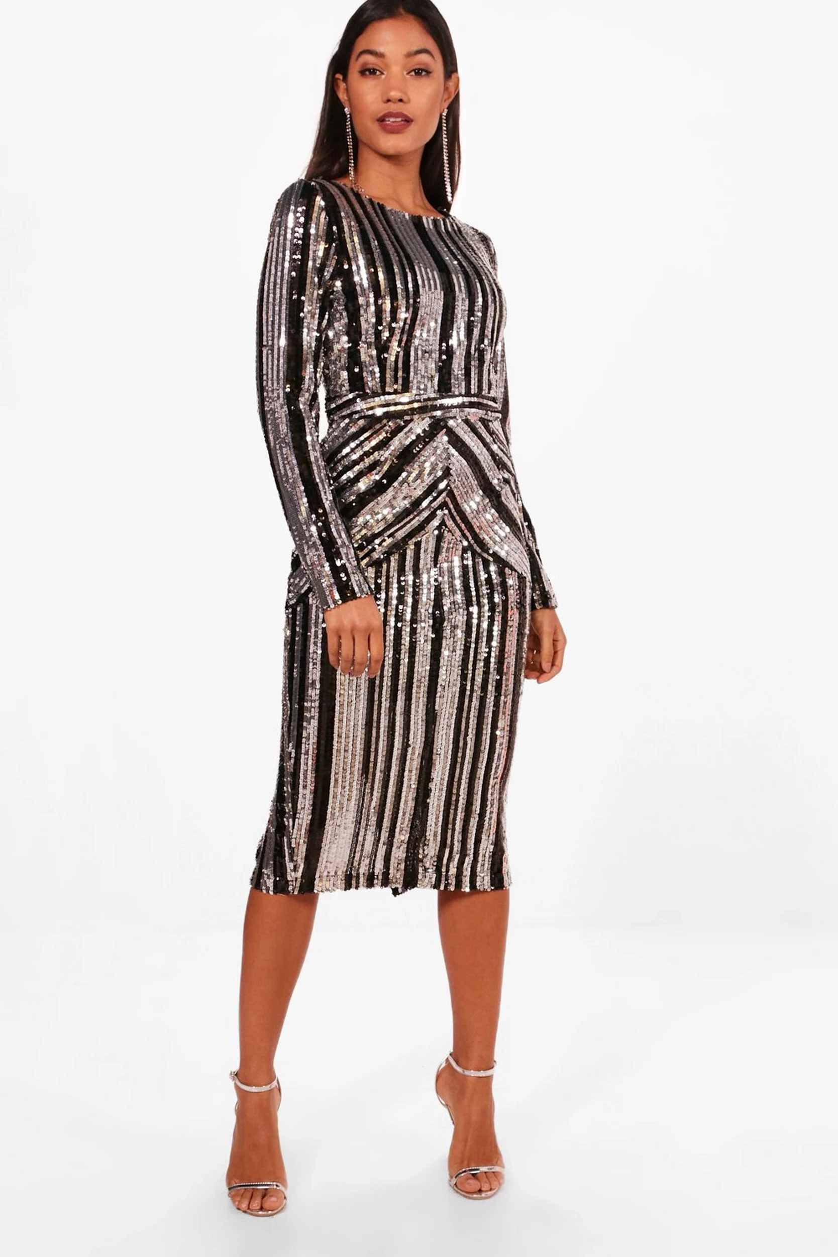boohoo.com | Boutique Lara Stripe Sequin Midi Dress