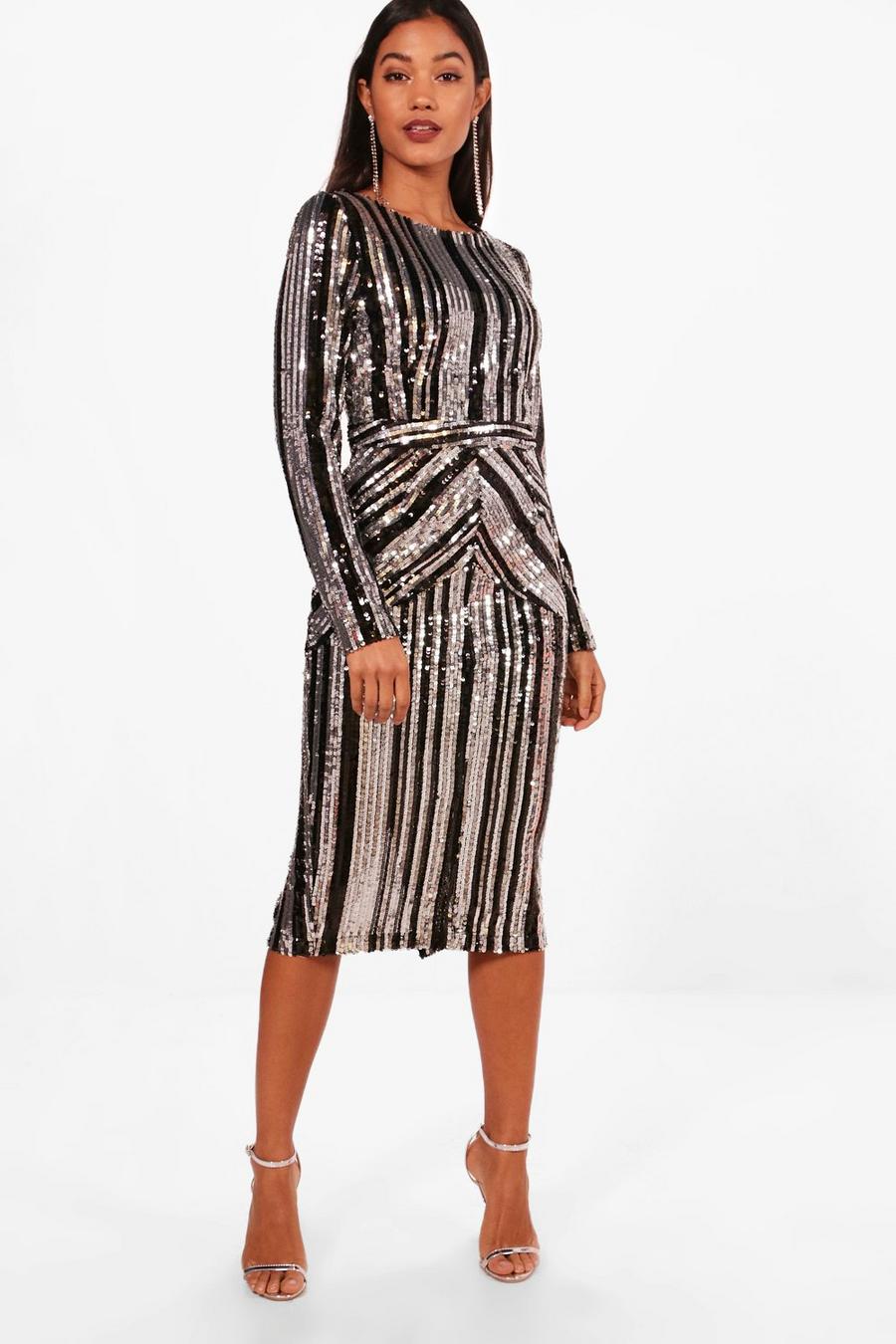 Black negro Boutique Lara Stripe Sequin Midi Party Dress