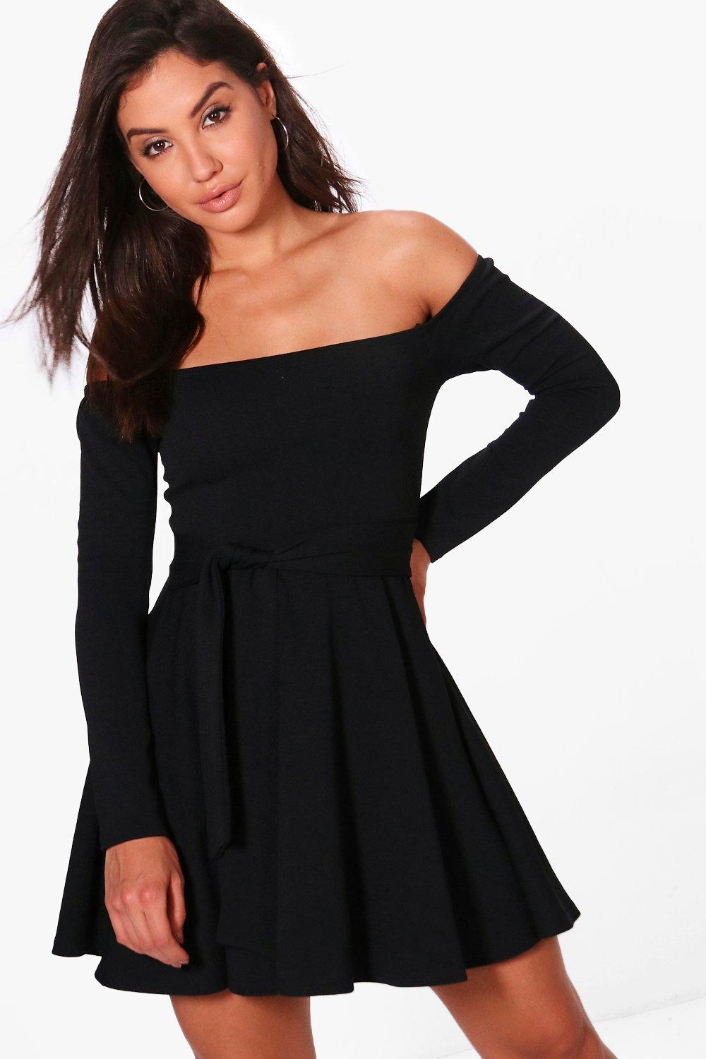 boohoo off the shoulder skater dress
